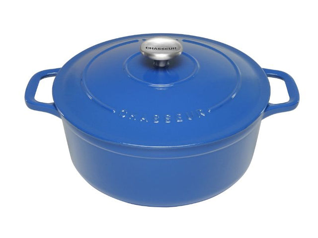 Sky Blue 28cm Round French Oven, ideal for slow cooking and serving, with a heavy self-basting lid and eco-friendly design.