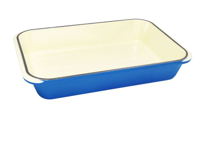 Sky blue rectangular roasting pan by Chasseur, perfect for meats and veggies, durable cast iron, handcrafted in France.