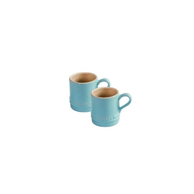 Duck Egg Blue stoneware cups, 100ml each, ideal for espresso or desserts; versatile, microwave and oven safe, stylish design.