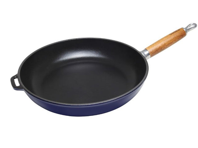 Chasseur 28cm Fry Pan in French Blue, premium cast iron for even heat distribution, featuring a cool-touch wooden handle.