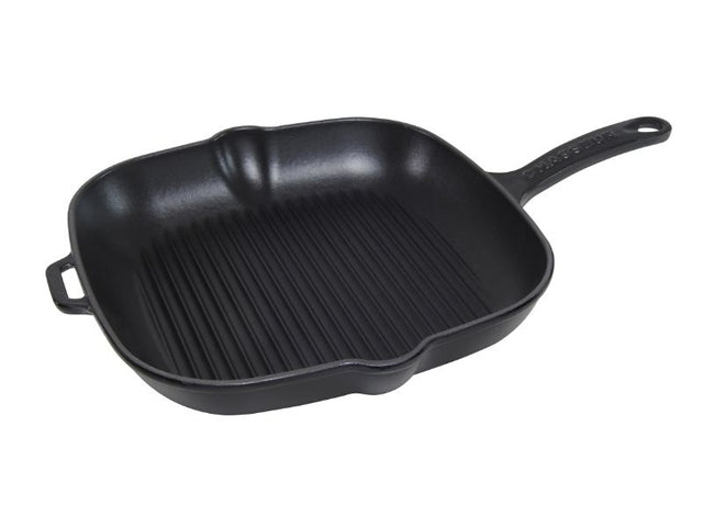 Chasseur 25cm Matte Black Square Grill, ideal for searing meats and reducing oil use, crafted from recycled materials.