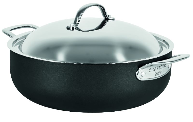 Chasseur H Anodised 30cm pan with 2 side handles, stainless steel lid, non-stick surface, lightweight, and PFOA-free.