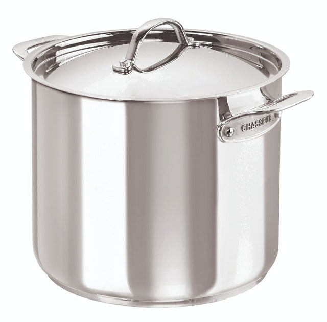 High-quality stainless steel stock pot with aluminum base, suitable for all cooktops and oven safe, 26cm/11.5L capacity.