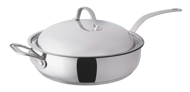 Chasseur Maison 28cm Saute Pan with curved handles, domed lid, and aluminum-bonded base for even cooking on all cooktops.