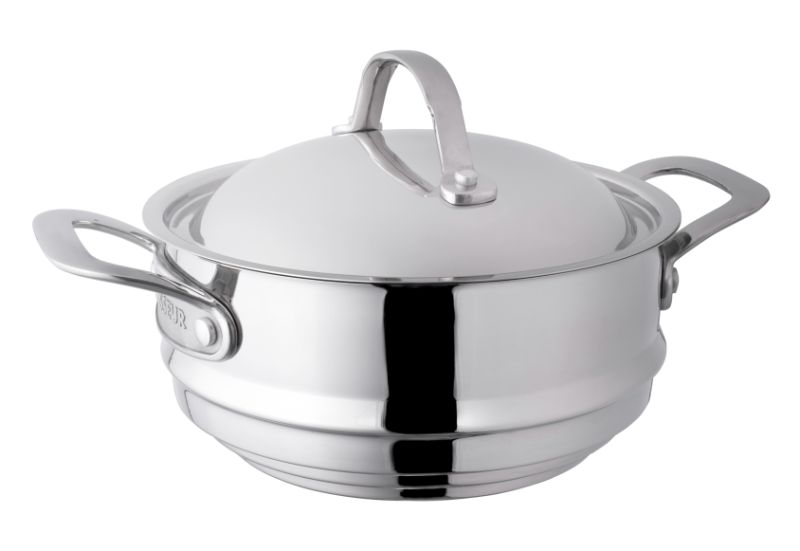 High-grade stainless steel universal multi steamer with a domed lid, fitting 16cm to 20cm saucepans for versatile cooking.