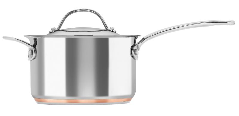 Elegant Chasseur Le Cuivre 3.4L saucepan with lid, featuring a copper core for superior heat distribution and stainless steel finish.