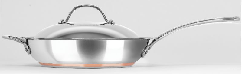 28cm Chasseur Le Cuivre sauté pan with lid, featuring copper core for superior heat distribution and elegant stainless steel design.