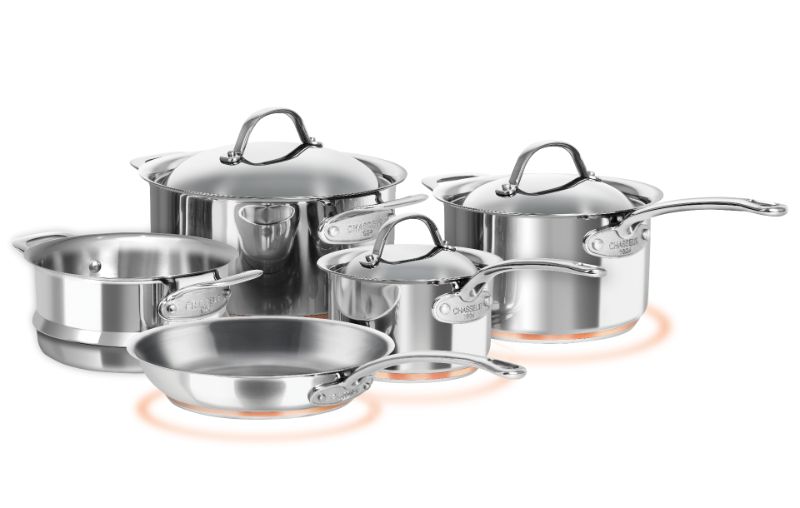 Chasseur Le Cuivre 5 Piece Cookware Set showcasing elegant design, copper core, domed lids, and ergonomic handles.