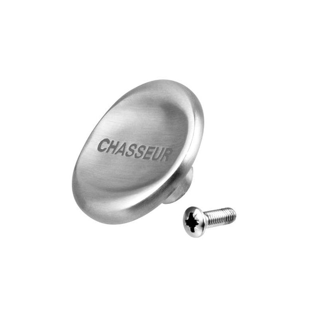 Stainless steel knob and screw for Chasseur cookware, featuring concave design and brand etching, oven-safe up to 250°C.