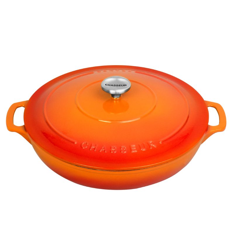 Chasseur 30cm cast iron casserole in vibrant Sunset, perfect for stovetop and oven cooking with self-basting lid.