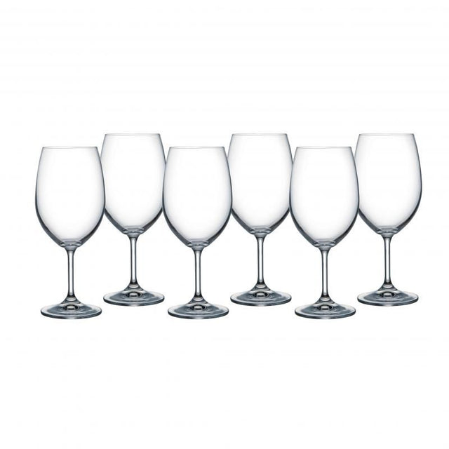 Set of 6 Bohemia Lara wine glasses, 540ml each, elegant crystal design enhances red wine flavors; dishwasher safe.