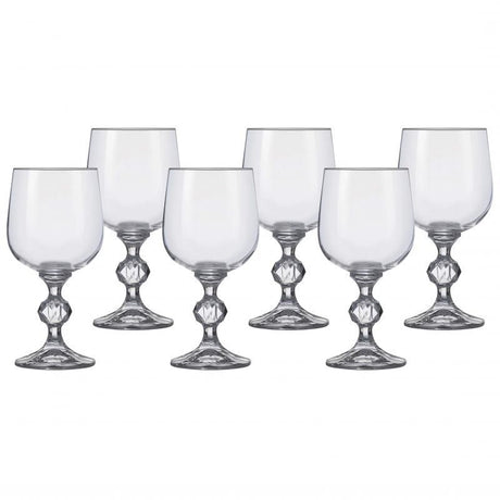 Set of 6 elegant lead-free crystal wine glasses, 230ml, perfect for enhancing red and white wine flavors.