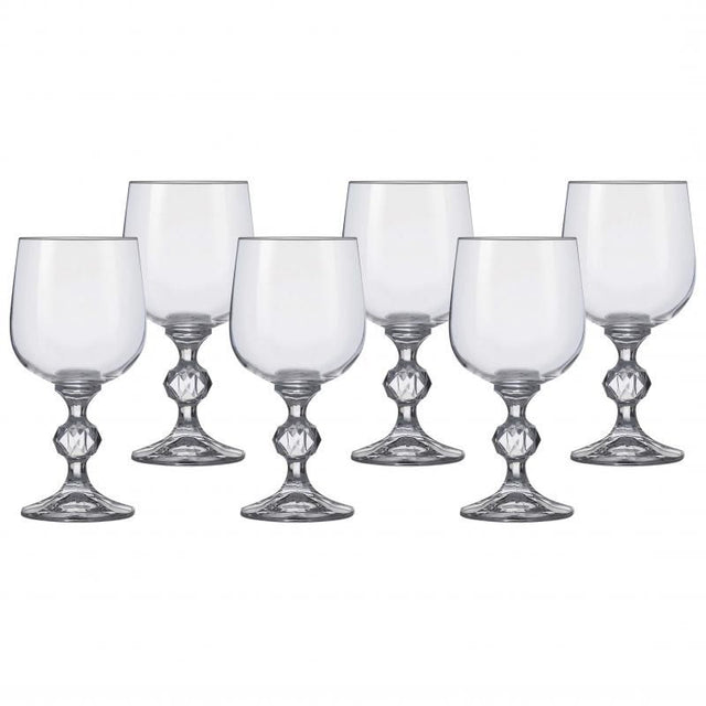 Set of 6 elegant lead-free crystal wine glasses, 230ml, perfect for enhancing red and white wine flavors.