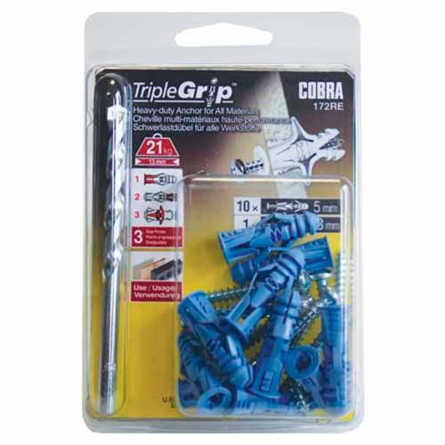 Cobra Anchors With Drill For Plasterboard Or Solid Walls 5mm Screw Pack of 10