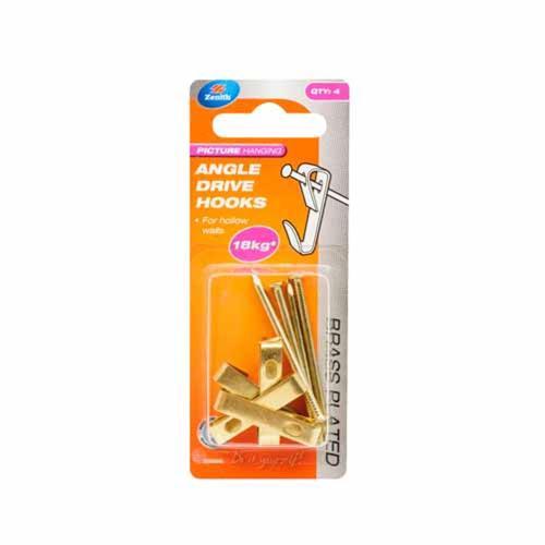 Zenith Angle Drive Hooks 18kg Pack of 4 Brass Finish