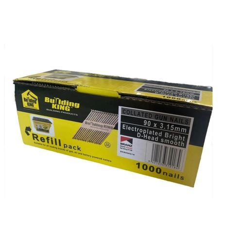 Building King 90 X 3.15mm Electroplated Bright Collated Gun Nails Pack of 1 000