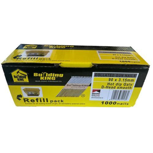 Building King 90 X 3.15mm Galvanised Collated Gun Nails - 1000 Pk Pack of 1 000