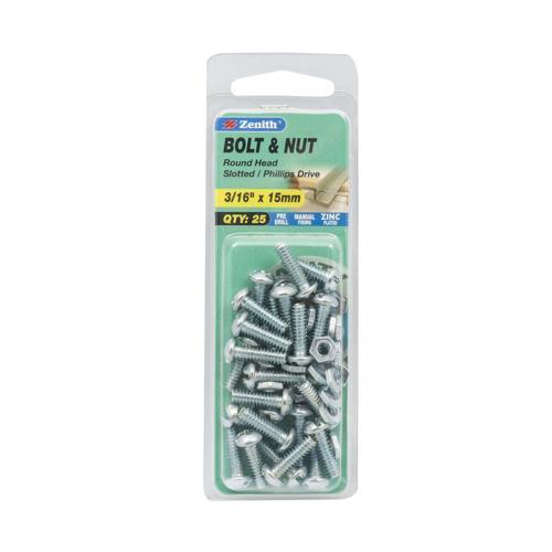 Zenith Round Head Bolt & Nut 3/16 Inch X 15mm Zinc Plated Pack of 25