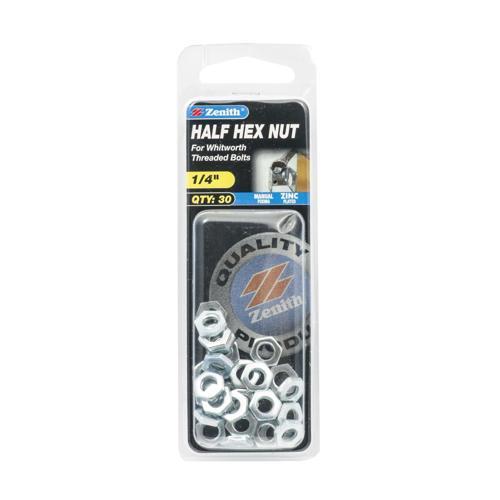Zenith Half Hex Nut 6.35mm (1/4 Inch) Zinc Plated Pack of 30