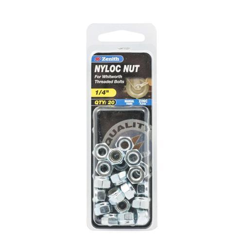 Zenith Nyloc Nut 1/4 Inch Pack of 20 Zinc Plated