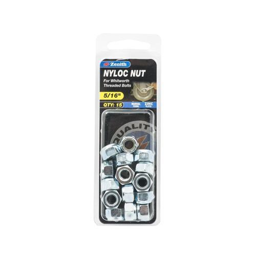Zenith Nyloc Nut 5/16 Inch Pack of 15 Zinc Plated