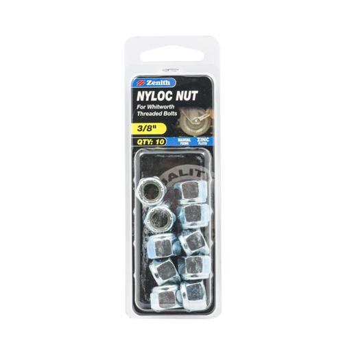 Zenith Nyloc Nut 3/8 Inch Pack of 10 Zinc Plated