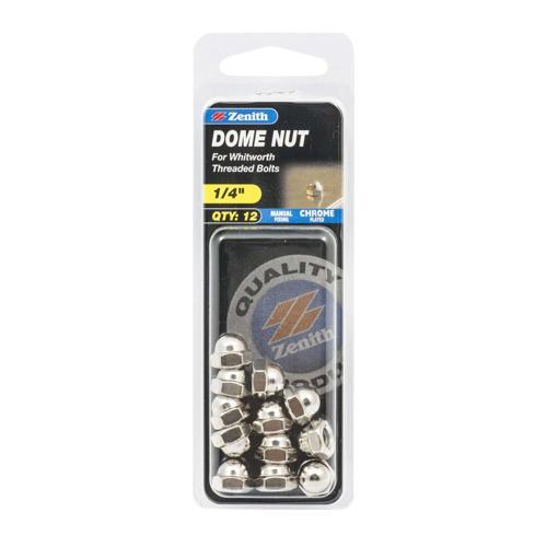 Zenith Dome Nut 1/4 Inch Pack of 12 Chrome Plated