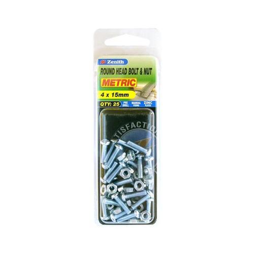Zenith Round Head Bolt & Nut 4 X 15mm Zinc Plated Pack of 25