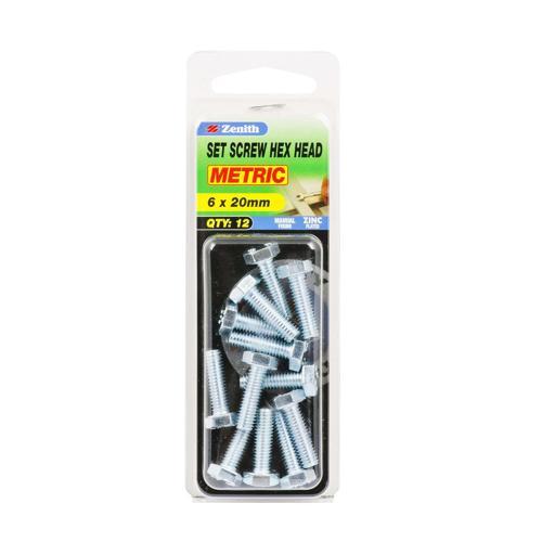 Zenith Hex Head Set Screw 6 X 20mm Zinc Plated Pack of 12