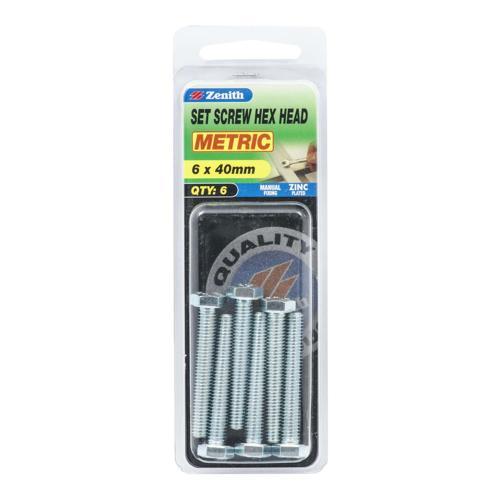 Zenith Hex Head Set Screw 6 X 40mm Zinc Plated Pack of 6