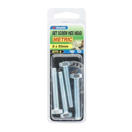 Zenith Hex Head Set Screw 8 X 50mm Zinc Plated Pack of 4