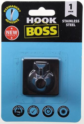 Hook Boss Permanent Hook Black Stainless Steel Pack of 2