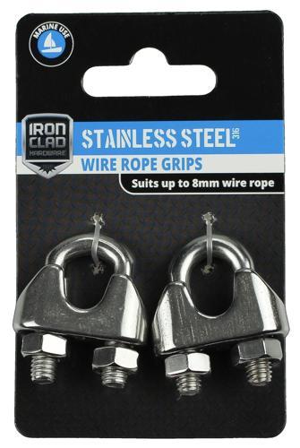 Iron Clad Wire Rope Grips 8mm Stainless Steel 316 Pack of 2