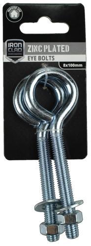 Iron Clad Eye Bolts 8x100mm Zinc Plated Pack of 2