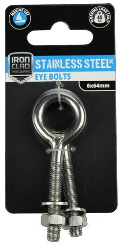 Iron Clad Eye Bolts 6x64mm Stainless Steel 316 Pack of 2