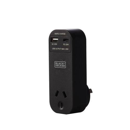 Black+Decker Single Adaptor With Rapid Charge USB-A And C Ports Black
