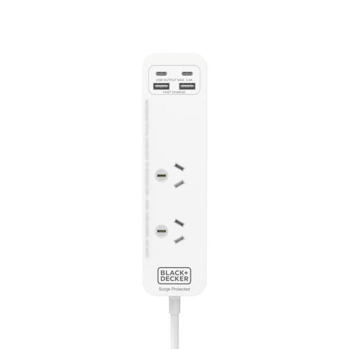 Black+Decker Power Board Compact 2 Outlet With USB-A And C White