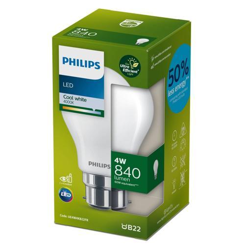 Philips LED Ultra Efficient A60 B22 840 Lumen Frosted 4 Watt Cool White