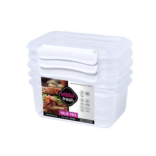 Visto Containers Clear With White Clips 1L3 Pack