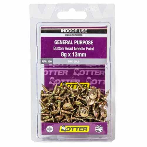 Otter Timber Screws 8g X 13mm Pack of 100 Zinc Gold Plated TIBD08133