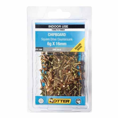 Otter Chipboard Screws 6g X 16mm Pack of 200 Zinc Gold Plated