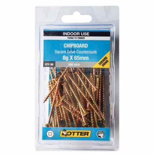 Otter Chipboard Screws 8g X 65mm Pack of 50 Zinc Gold Plated