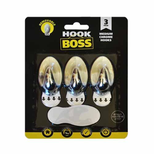 Hook Boss Oval Hooks 50 X 30mm Chrome Pack of 3