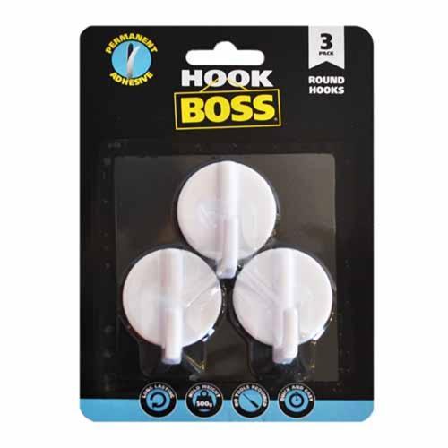Hook Boss Self Adhesive Round Hooks 40mm Pack of 3