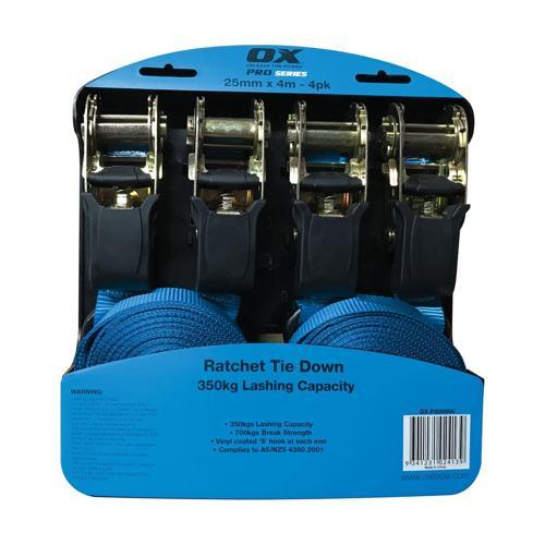 Ox TIEDOWN RATCHET 25mm X 4M 700BS 4PK 25mm X 4m Pack of 4