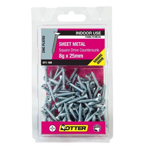 Otter Sheet Metal Screws 8g X 25mm Pack of 100 Zinc Plated SECZ08253SQ