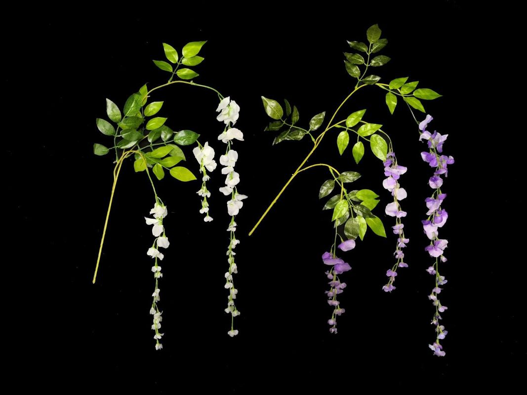 Vibrant purple artificial wisteria spray with cascading blooms, perfect for home decor and floral arrangements.
