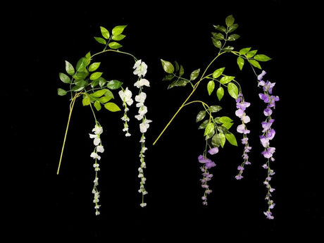 Vibrant purple artificial wisteria spray with cascading blooms, perfect for home decor and floral arrangements.