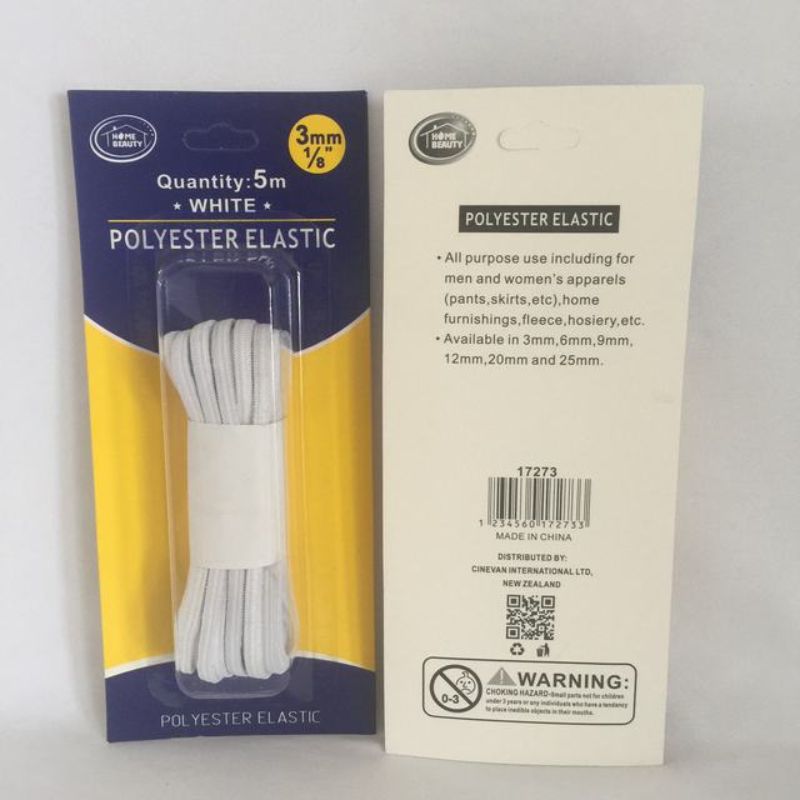 Elastic Polyester in white, 5m x 3mm, set of 12 for versatile crafting, sewing, and home furnishing projects.