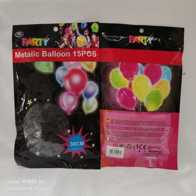 Black metallic balloons, 30cm in size, packed in 12 sets of 15 for a total of 180 pieces.